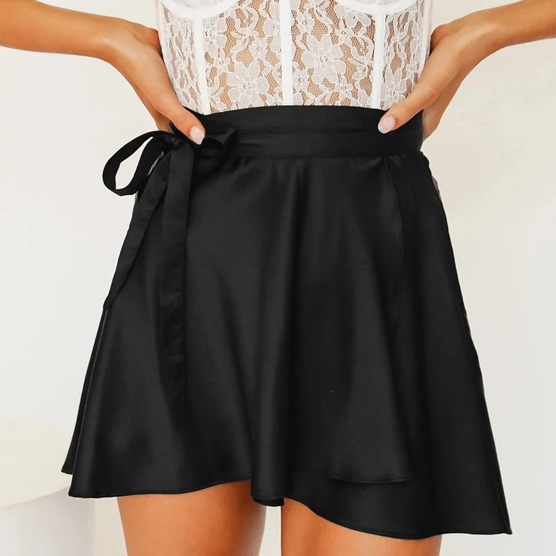 Wrap Green Satin Mini Skirt Women Ruffle Black Vintage Style Korean Silk Pink Skirts Short Kawaii Lolita Clothing Summer Beach 3