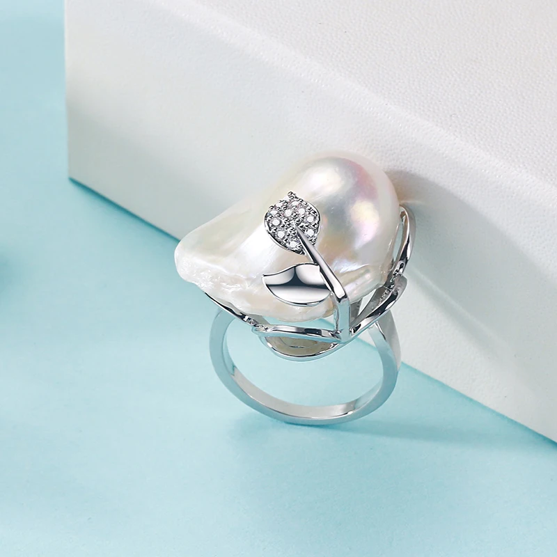 MULICHEN 12-14mm Freshwater Pearl Ring For Women Fashion Flower Shape Jewelry Gold Plated Inlaid Zircon Ring Free Shipping