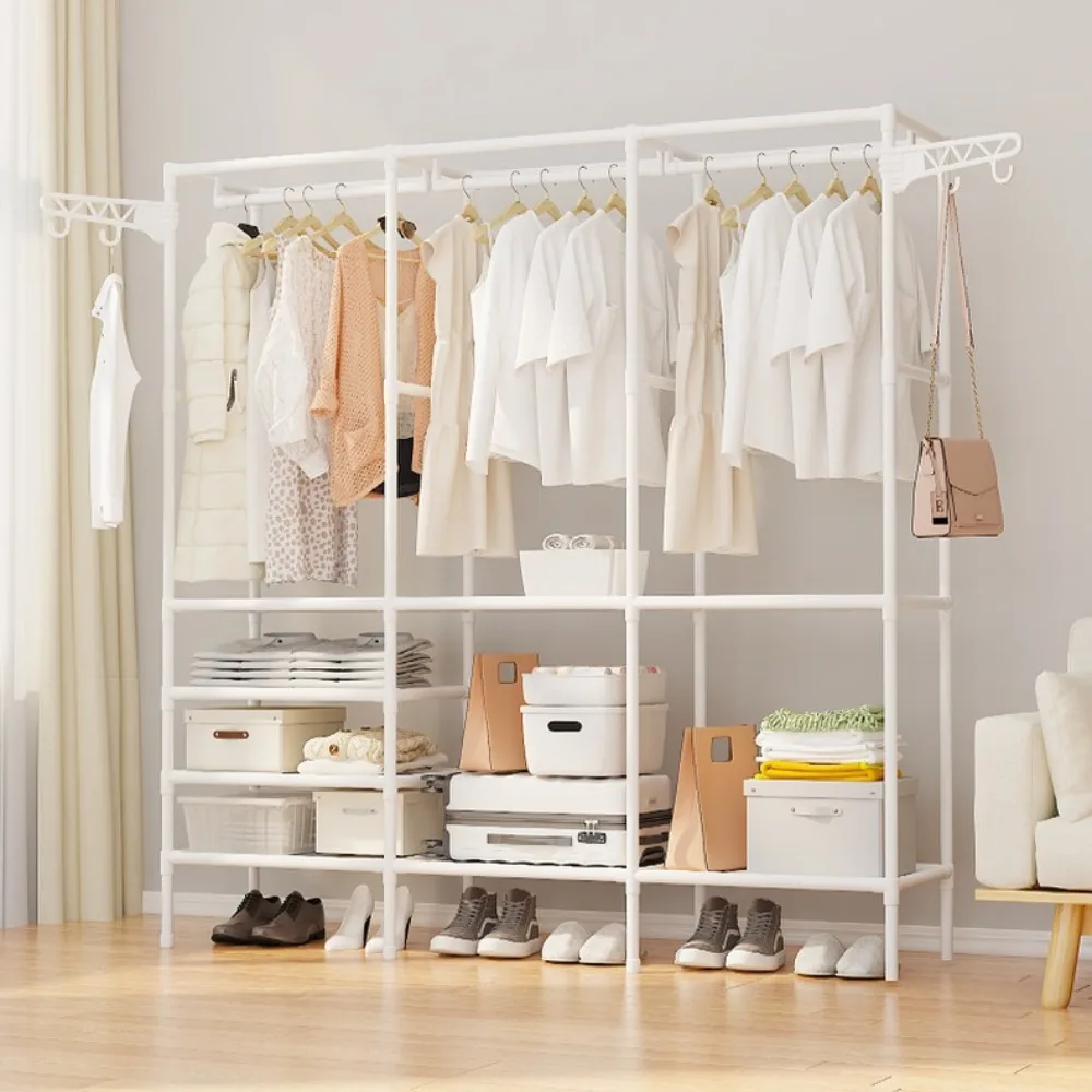 Clothes Rack Double-Row Floor For Clothes And Shoes Household Storage Shelf Hanger Simple Assembly