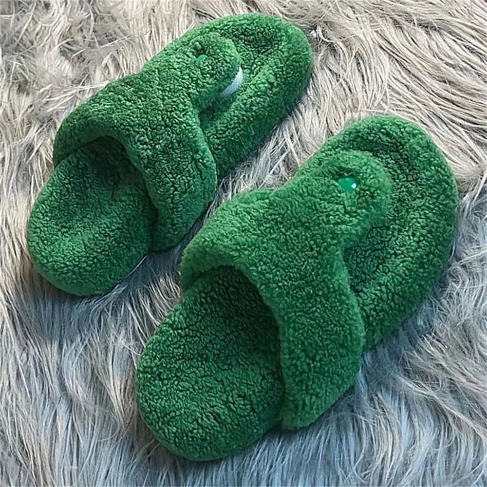 Großhandel Flauschige Echte Lammfell-Damenpantoffeln Luxus-Hausschuhe für Frauen Flache Rutschfeste Bequeme Schuhe für Drinnen und Draußen – Detail 2