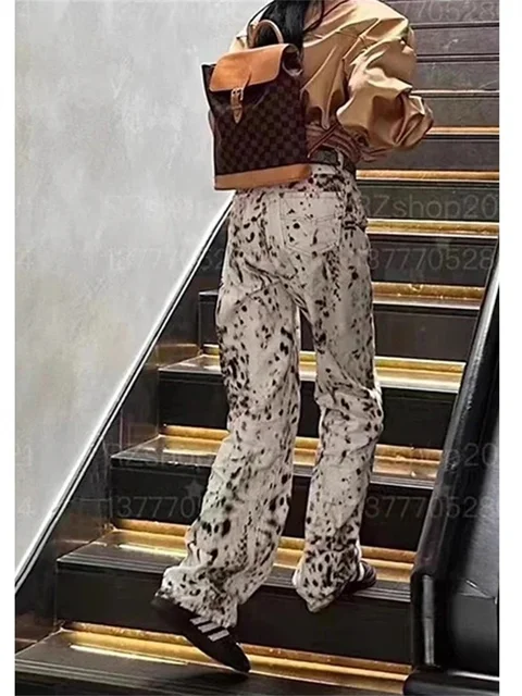 Jean droit à jambes larges imprimé léopard pour femmes, taille haute, rétro, Streetwear Y2k, pantalon Vintage, pantalon en Denim de rue 6