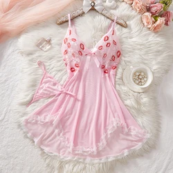 Seductive Pink Lace Babydoll Lingerie Set with Thong - M (303 - PINK)