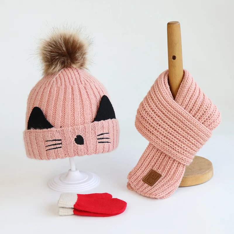 Three-piece plush children's hat scarf gloves autumn/winter suit boys and girls knit hat Kitty baby baby