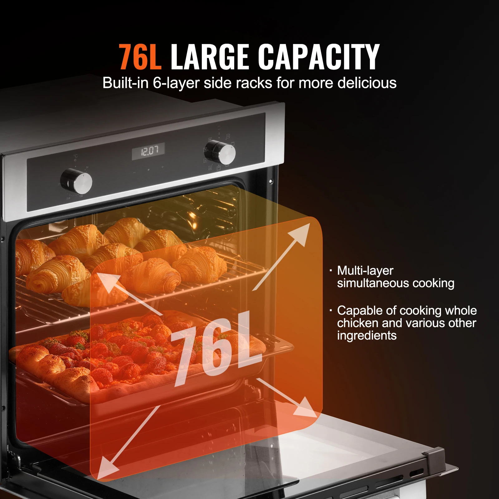 VEVOR Single Wall Oven 24" Electric Built-in Wall Oven 2.68 Cu.Ft Electric Wall Ovens with Timer 2800W Electric Oven for Kitchen 3