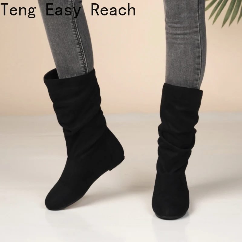 Autumn Winter Women's White Pleated Ankle Boots Fashion Women's Round Toe Wedge Short Boots Women's Black New Plus Size 33-48