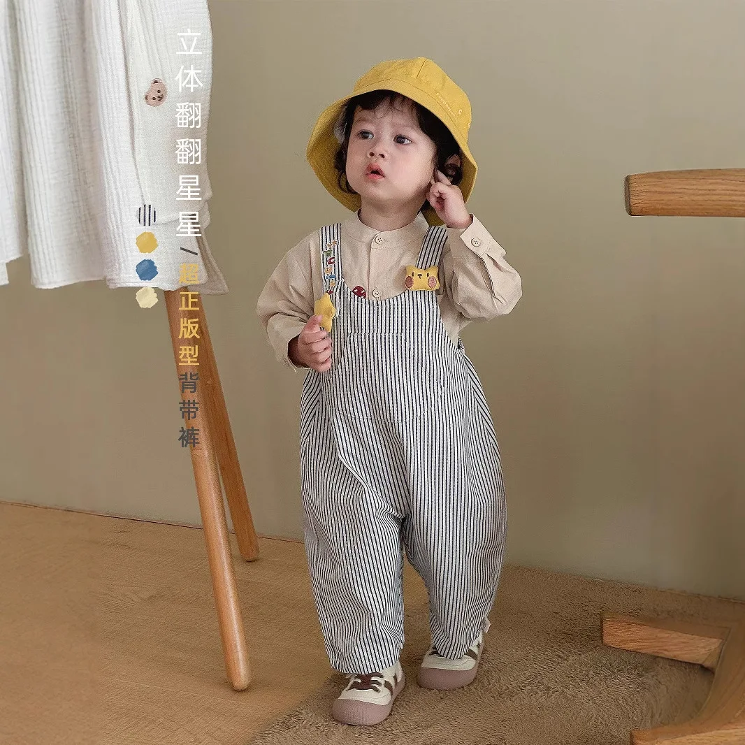 Baby Doll Jeans 2025 New Autumn Girls Korean Version Striped Overalls Boys Super Cute Cartoon Pants