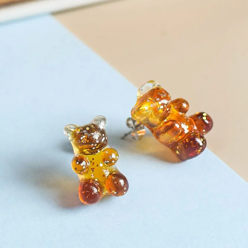 New Resin Candy Color Stud Earrings Multicolor Gradient Sequin Bear Stud Earrings Fashion Mini Animal for Women
