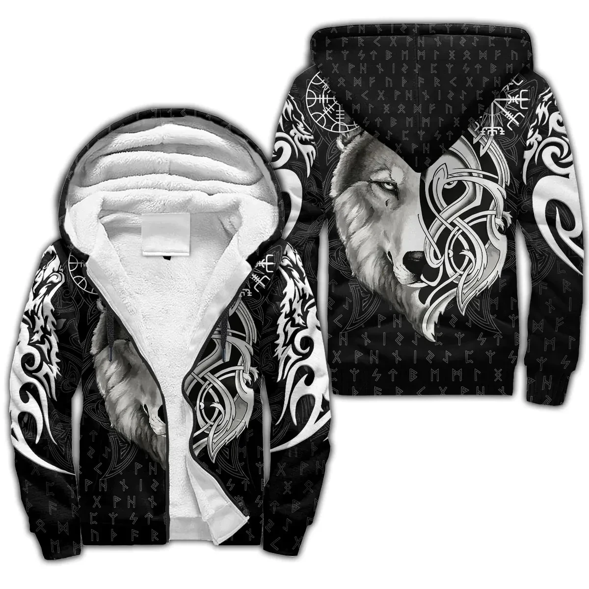 

Fashion Men's Winter Zipper Hoodie Odin Raven Fenrir Wolf Tattoo 3D Print Thick Zipper Hoodie Unisex Casual Hooded Wool Jacket