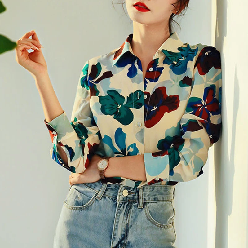 2022 spring, summer autumn new high-end silk lapel niche print shirt women's clothing ladies tops blouse women  Print