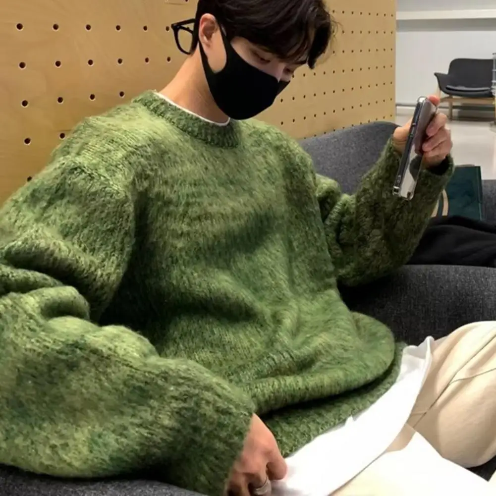 

Long-sleeved Sweater Men Sweater Cozy Retro Knitted Men's Sweater with Long Sleeve Pullover Warm Elastic Mid Length for Fall