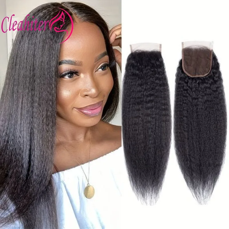 Human Hair 4x4 Kinky Straight Lace Closure 150% Density 10-20 Inch Full End Natural Color Pre-Plucked Raw Indian Hair