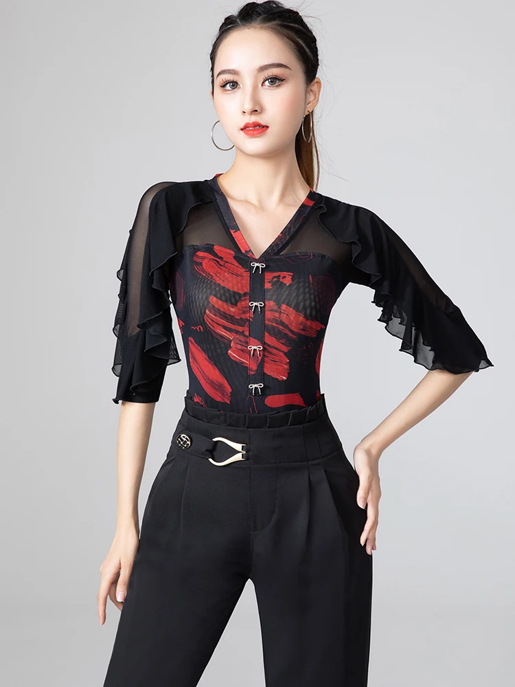 

X013 Latin Dance Top Practicing Dance Clothes Women's New Modern National Standard Dance Sexy Mesh Dancing Suits Latin Blouse