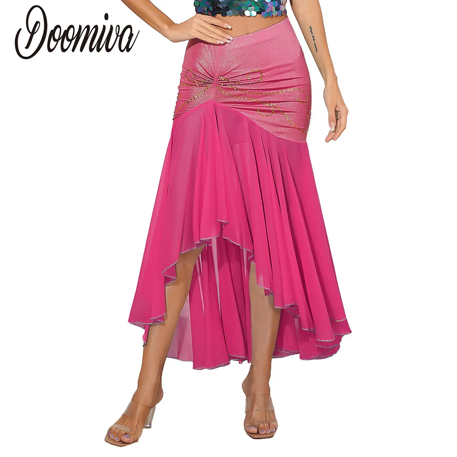 

Женский костюм для танца живота, шифоновая юбка с асимметричным подолом, блестящая юбка с оборками, женский костюм для выступлений и бальных танцев