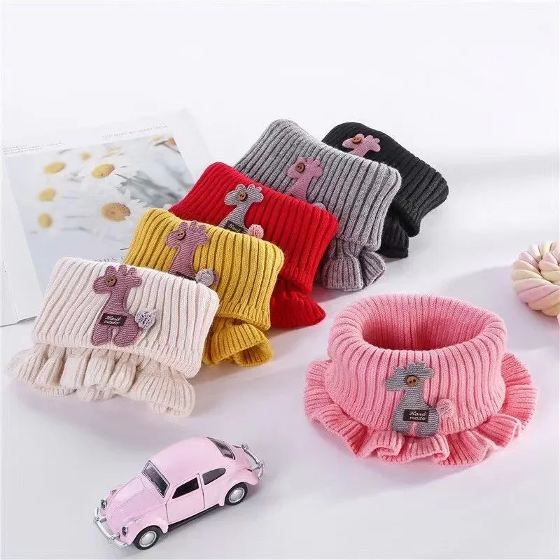 Baby Knitted Scarf Cartoon Giraffe Ruffle Neck Warmer Girls Kids Accessories Collar Circle Outdoor Winter Warm Scarves