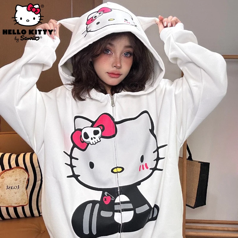

Cute Sanrio Hello Kitty Zip Cardigan Hooded Sweatshirt Autumn Winter Silver Fox Velvet Jacket Girls Cartoon Causal Loose Coat