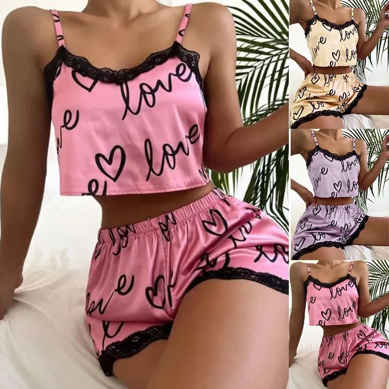 

Women'S Pajama Shorts Suit Love Print Underwear Pijama Homewear Set Sexy Lingerie Camisoles Tanks Nighty Ladies Sleepwear