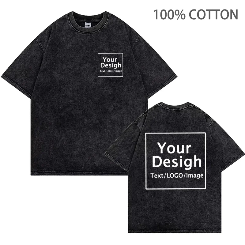 Men T Shirt Your OWN Hip Hop Streetwear Summer 100% Cotton Men's Oversized DIY Personalized Retro Washed Short Sleeves T-shirts