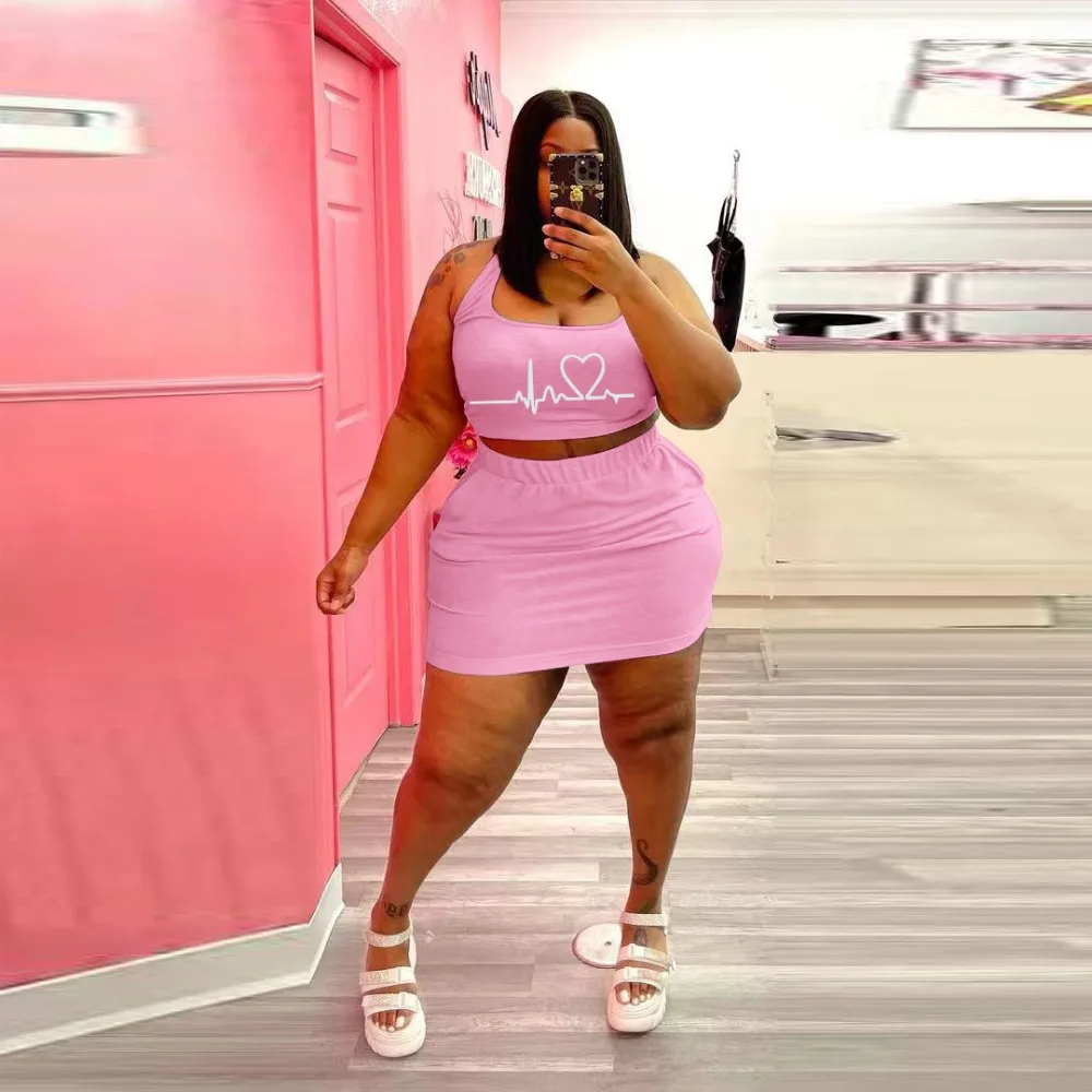 FAGADOER Fashion Letter Print Two Piece Sets Women Outfits S-5XL Female Casual Sleeveless Crop Top and Mini Skirt Matching Sets