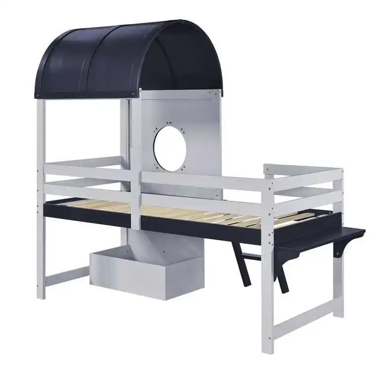 Etagenbett, Hochbett, Kinderbett mit Dach und Fenster, untere Schublade mit Rollen, praktische zweistufige Winkelleiter – Detail 14