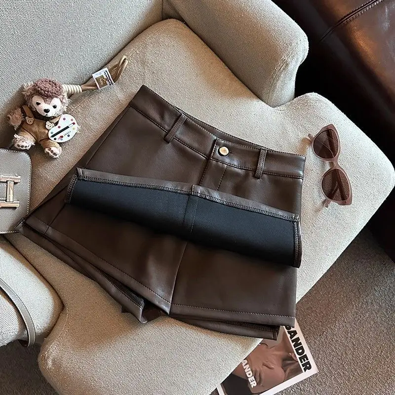 Vintage Braun PU Leder Röcke Weibliche Sexy Hot Mädchen Paket Hüfte Mini Rock Frauen Herbst Winter Hohe Taille Split Shorts Rock – Detail 4