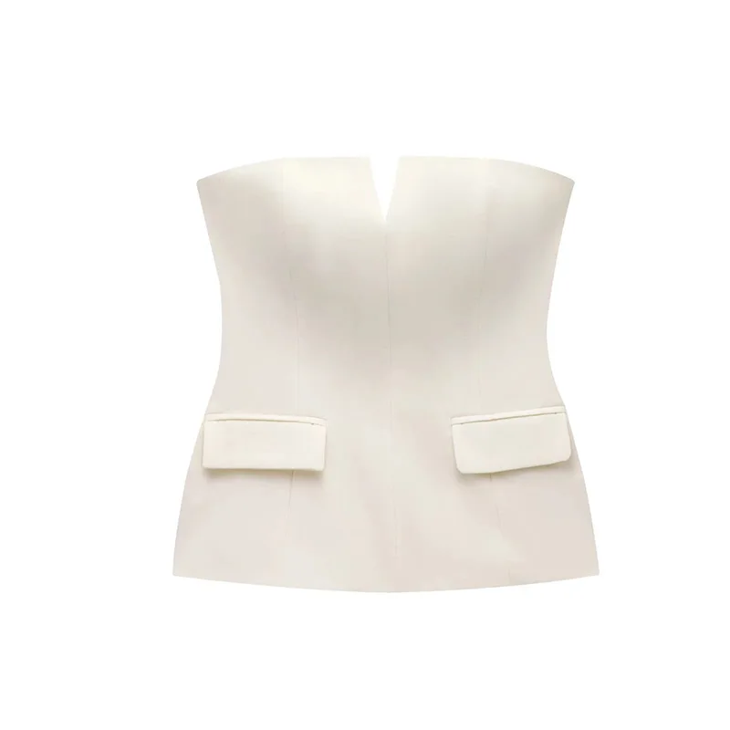 Elegante top corto con hombros descubiertos para mujer, liso, sin espalda, con cremallera, tipo tubo, para oficina, verano 2025