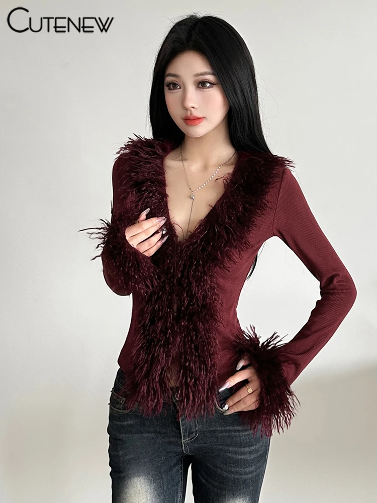 Feather Patchwork Women Tops Autumn Hipster Solid Full Sleeve V-neck Split Ribbed Slim Tee Female All-matched Streetwear