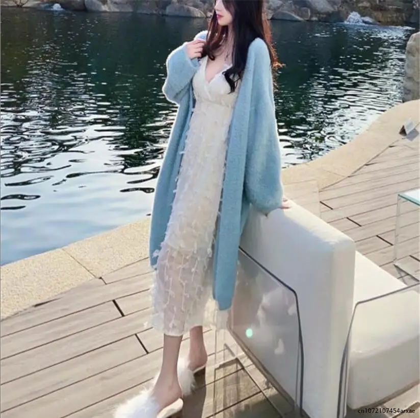 

Long Simply Cardigan Women Sweater Pure Minimalist Knit Korean Fashion Sweet Temper All-match Baggy Gentle Elegant Cozy