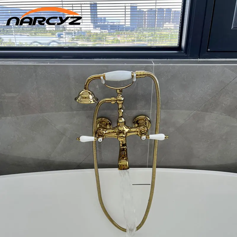 ชุดฝักบัวติดผนังโครเมี่ยมทองเหลืองโบราณชุบอ่างอาบน้ำเรียบง่ายพร้อม S1318เซรามิกพอร์ซเลนร้อนและเย็น 1