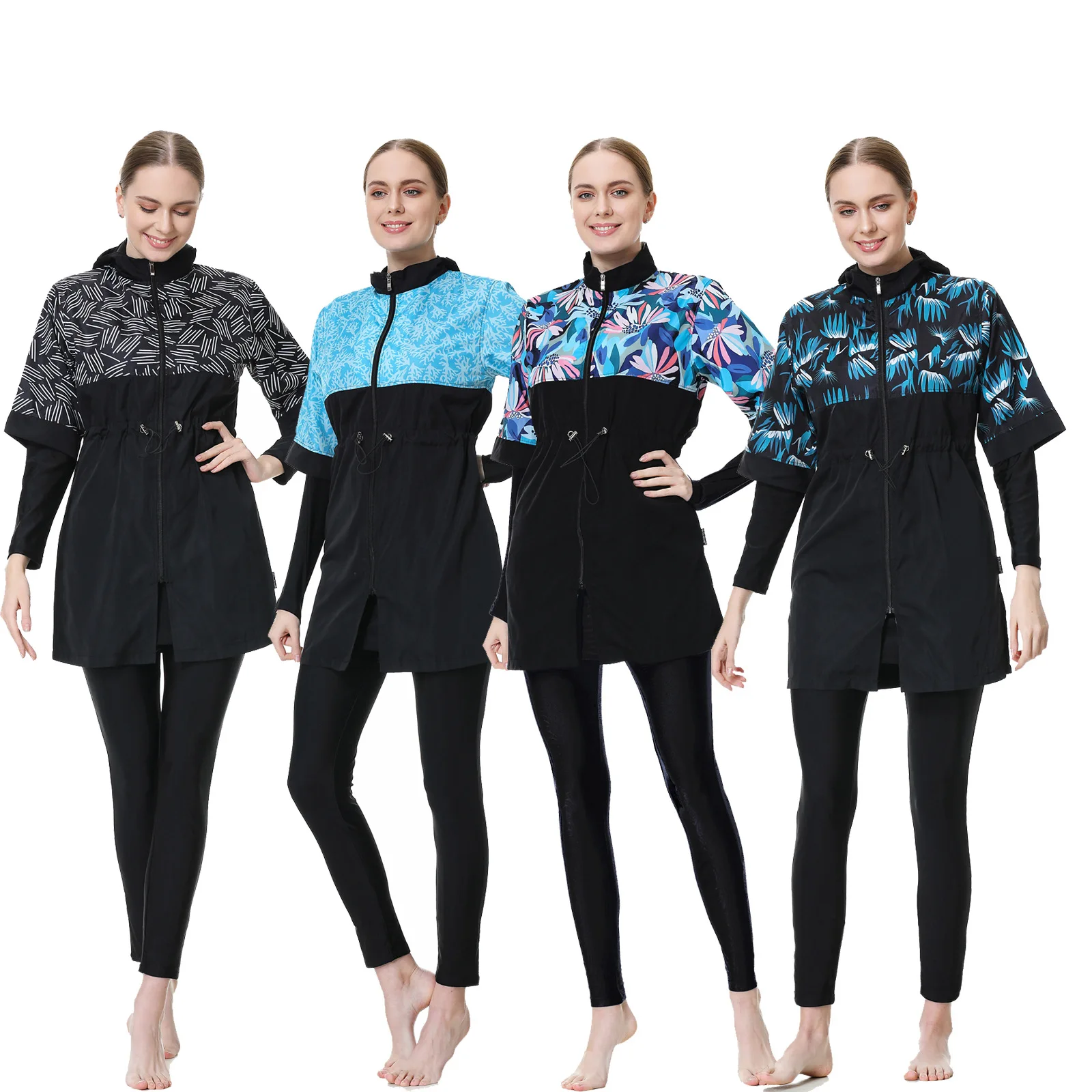 

New Muslim Hui Conservative Hooded Swimwear Three Piece Floral Contrast Color Swimwear Sun Protection Long Sleeved Swimsuit