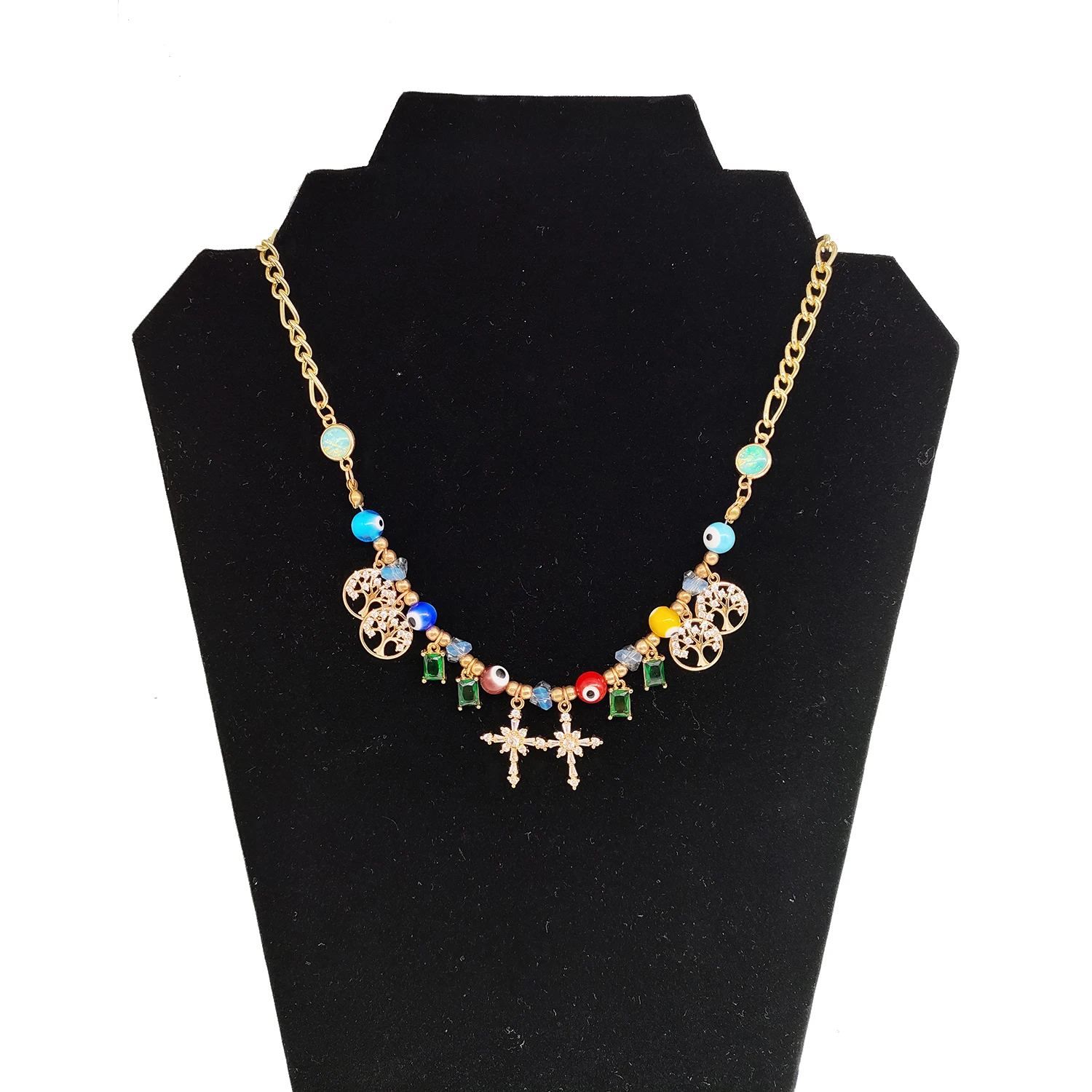 Bling Cubic Zirconia Cross Life Tree Pendant Necklace Choker Chain Colorful Evil Eye Bead Aesthetic Bohemian Jewellery for Women