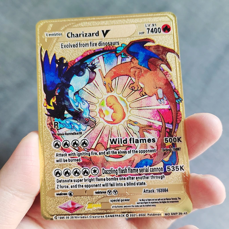 7000 HP Metal Pokemon Cards Spanish Letters Golden Iron GX EX Shiny Pokémon  Mewtwo Gengar Charizard Eevee Pikachu Children Toys - AliExpress