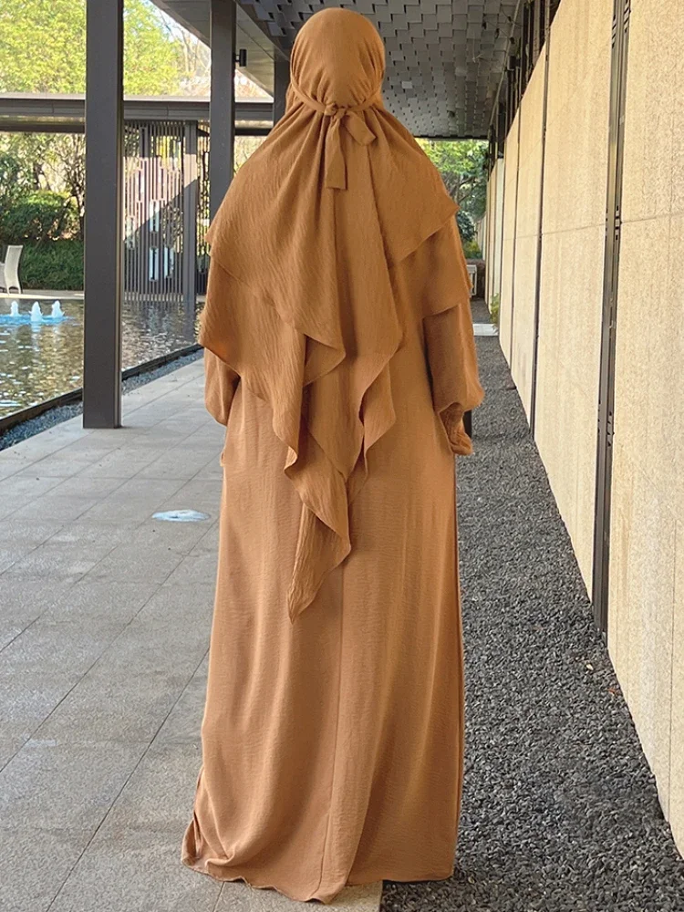 Ramadan Eid Jilbab 2 Piece Set Crepe Muslim Women Prayer Garment Abaya Set Match Khimar Long Hijab Dress Islamic Clothing Niqab