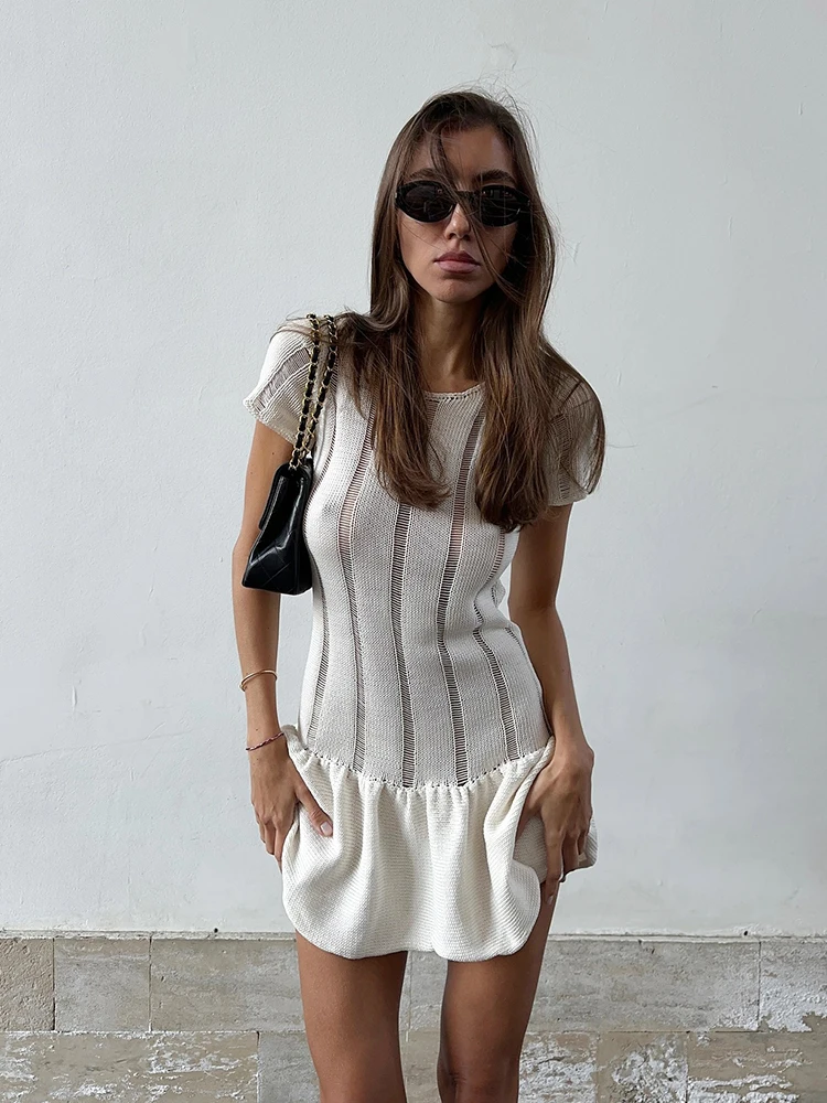 Sexy Knit Frill Mini Dress 2026 Women's Summer Chic Vacation Beachwear Swimsuit Cover Up Short Sleeve Hollow Out Dresses K363 6