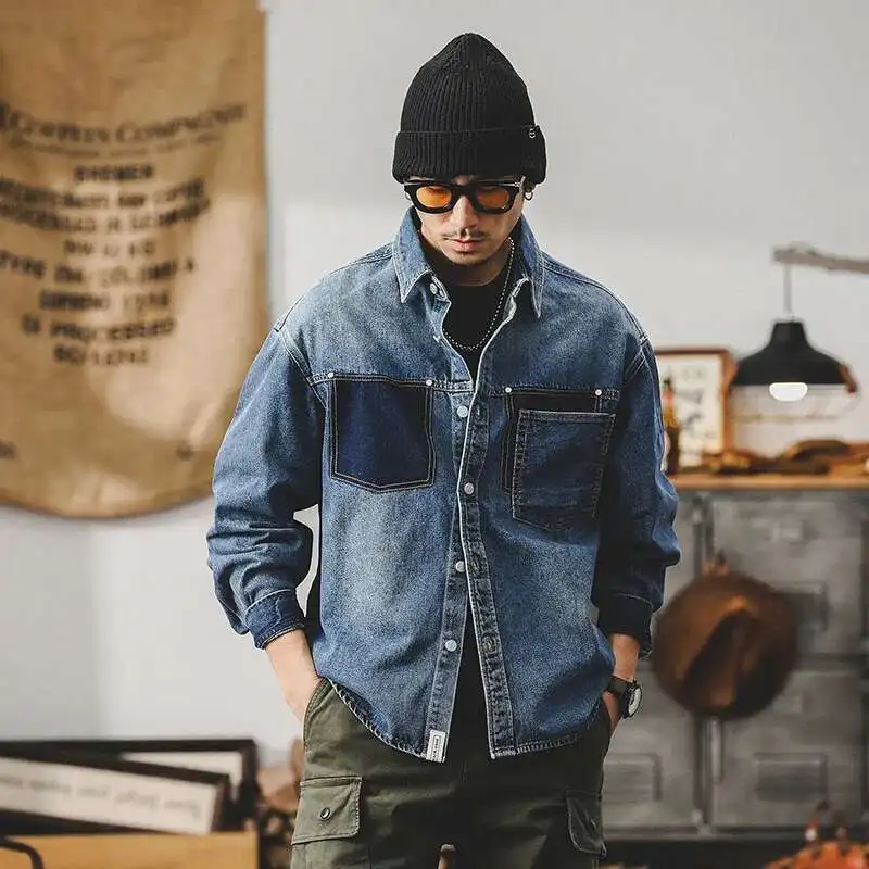 PFNW Spring New Denim Shirt Men's Tide Asymmetrical Colorblock Pocket Design Workwear Top Long-sleeved Shirt Coat 28W6012