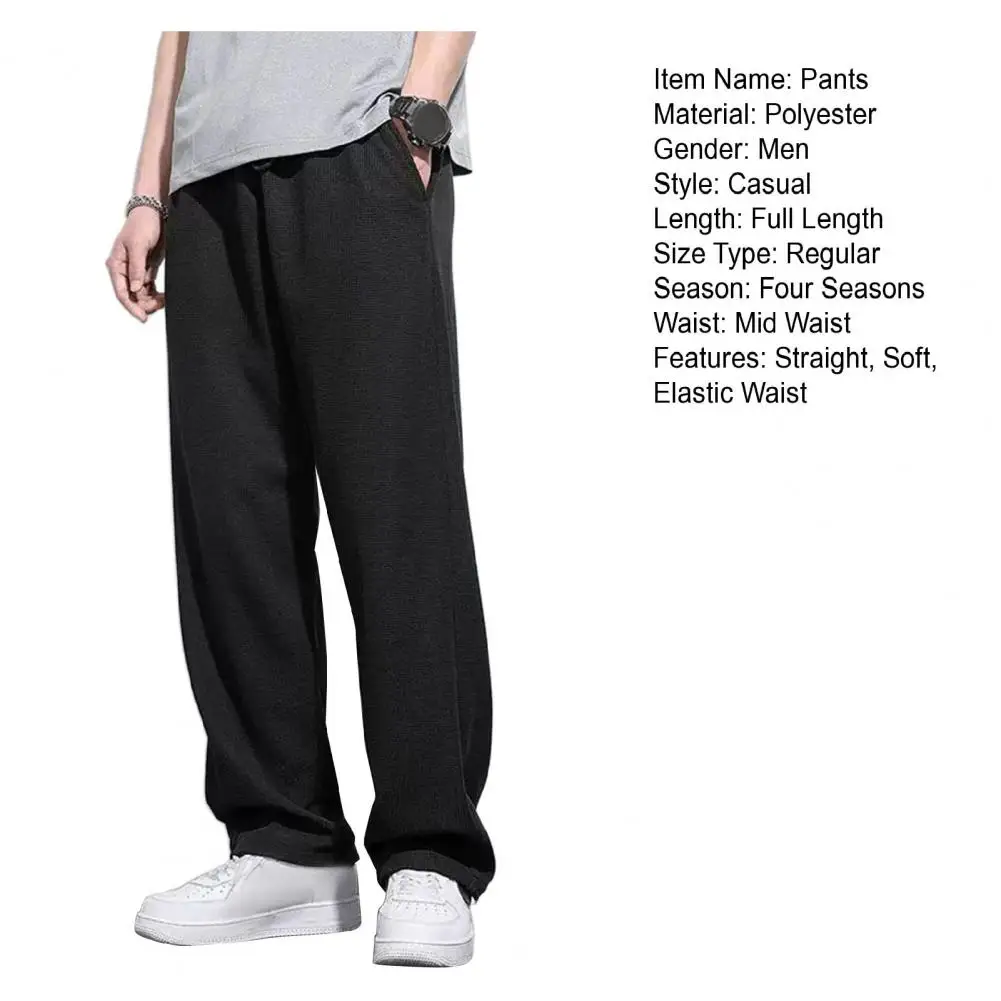 Description Picture 6 of itemMen Pants Loose Straight Drawstring Elastic Waist Pockets Solid Color Breathable Soft Full Length Casual Sweatpants Daily Long T