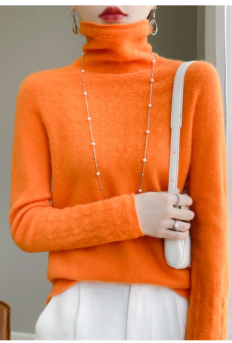 Women’s pure wool seamless collar pullover sweater in classic knit design orange