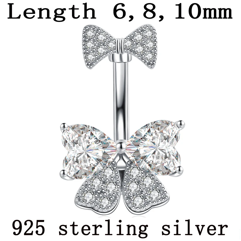 Belly Button Ring Bow Real 925 Sterling Silver Bowknot Heart Zircon