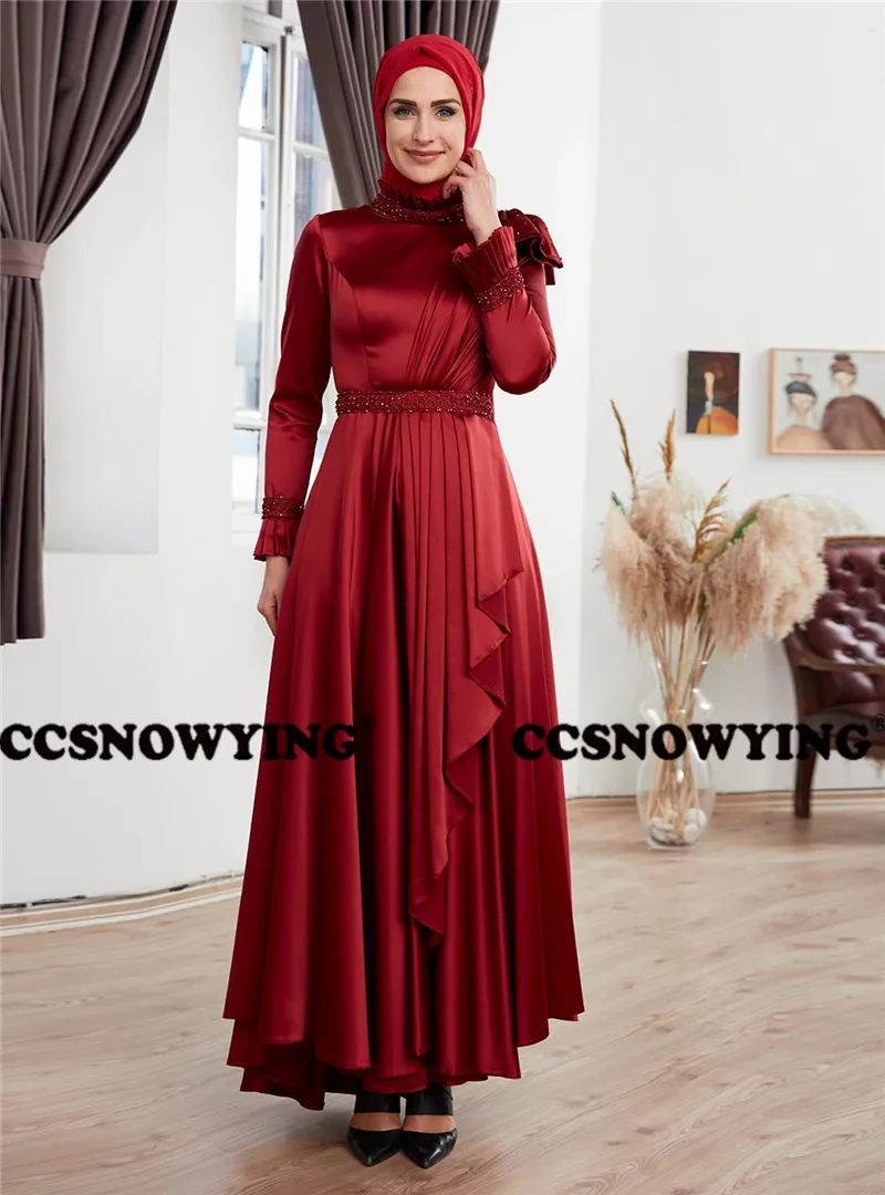 

Satin Beaded Long Sleeve Muslim Evening Dresses High Neck Islamic Hijab Formal Party Gown Women Arabic Kaftan Robes De Soirée