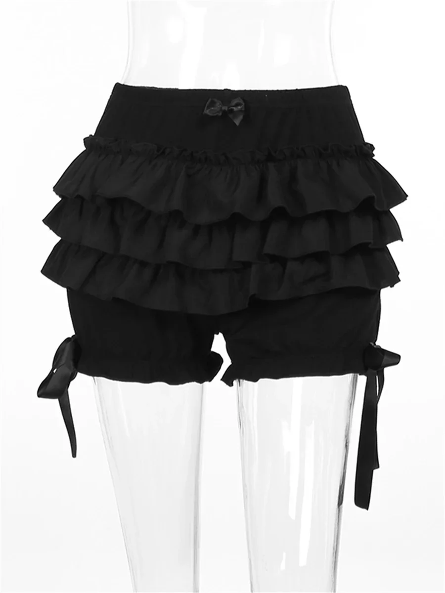 New Gothic Black Bloomer Shorts Women's Summer Elastic Waist Ruffle Layered Shorts Harajuku Streetwear High Waist Bottoms