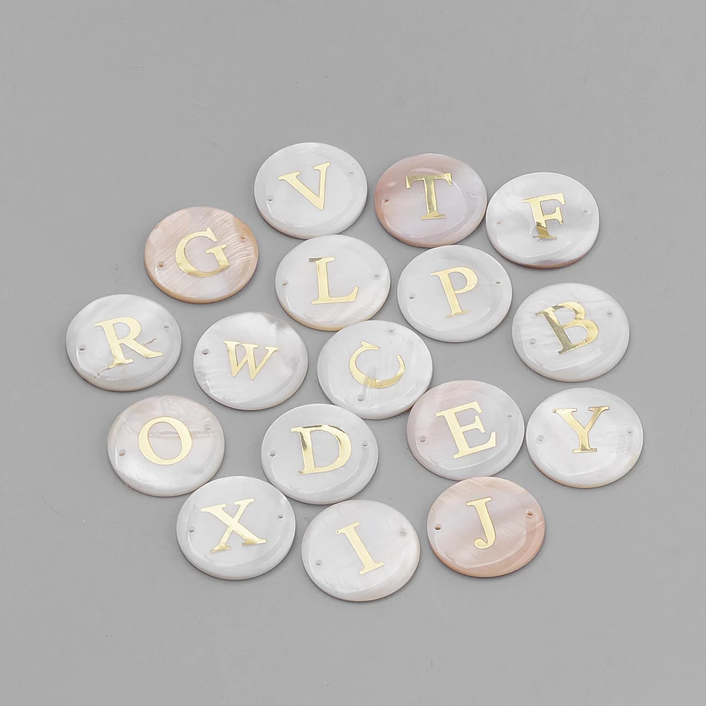 

100Pcs Freshwater Shell Links Connectors Charms Beads Flat Round Golden Color Letter Beads Random Alphabet for Jewelry Making
