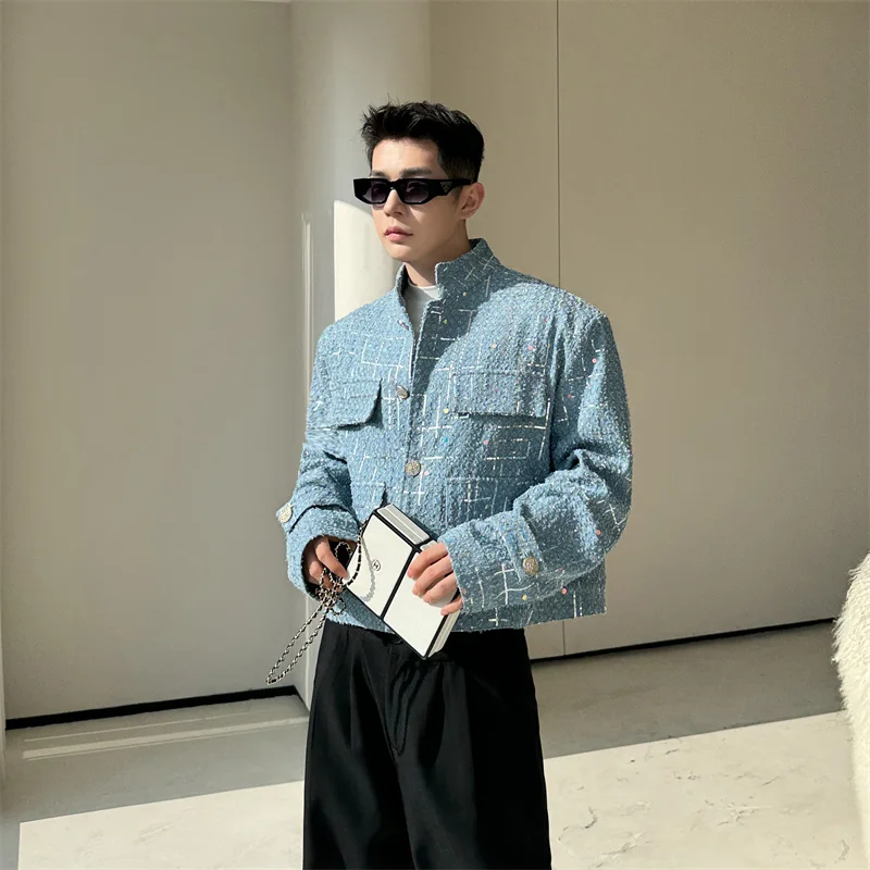 Fashionable Sequins Jacket Men's 2024 Spring Short Denim Jacket Trendy Male Tops High-End Long Sleeve Single-Breasted Jackets