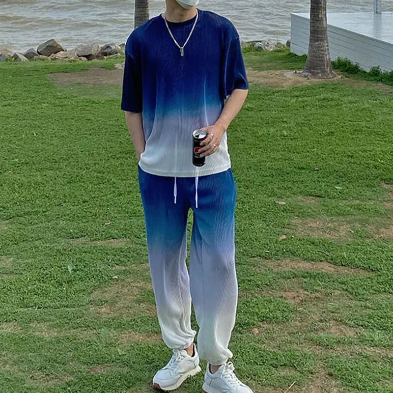 Elegant Fashion Harajuku Slim Fit Ropa Hombre Loose Casual Sport All Match Trousers Gradient Short Sleeve Tees Two Piece Set