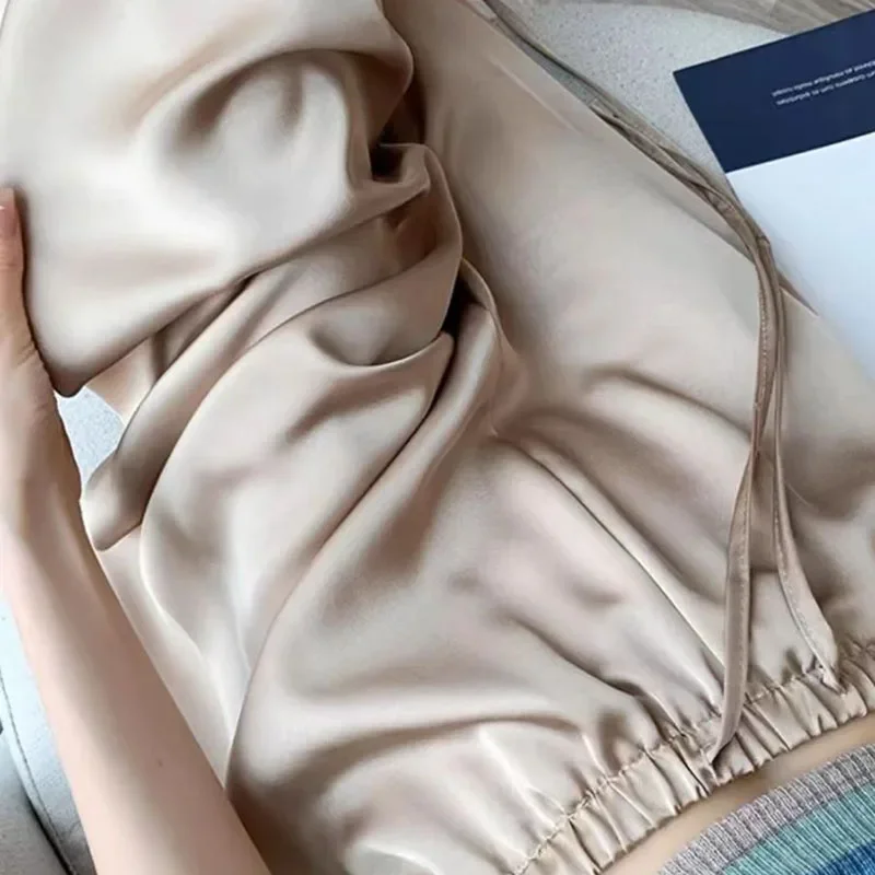 Elegant Champagne Wide Leg Trousers Women 2025 Summer All-Match Thin Ice Silk Pants Woman Korean High Waist Loose Casual Pants 4