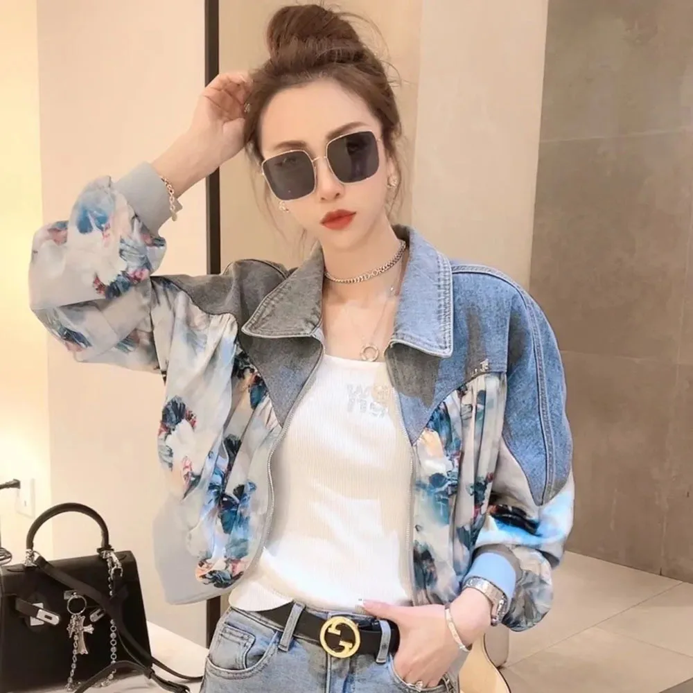 

Autumn 2023 New Korean Spliced Denim Jacket Women's Casual Zip Up Jean Coat Ladies Short Style Street Bomber Tops Female Trend