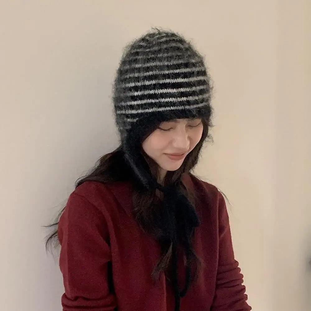 1PC Furry Knitted Beanie Hat Warm Striped Winter Cap Y2k Trendy Retro Headwear For Women Cold Ear Protection Caps Bomber Hats
