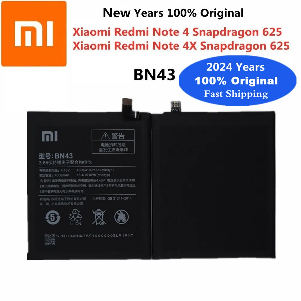 

2024 Years Original BN43 Battery For Xiaomi Redmi Note 4X 4 X Note4 Note4X Global Snapdragon 625 4000mAh High Quality Battery