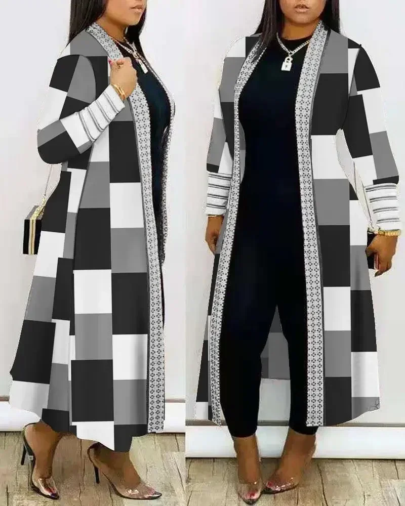 

Marble Print Open Front Longline Coat 2024 Autumn Women Long Cardigan Elegant Splice Striped Loose Slim Ponchos Capes