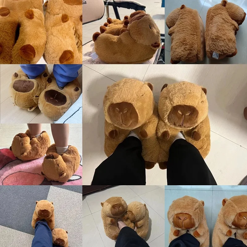 Home Warm Thick Fluffy Slippers Fuzzy Unisex Capybara Slippers for Women Fun Design Slip-on Cartoon Animal Fur Shoes