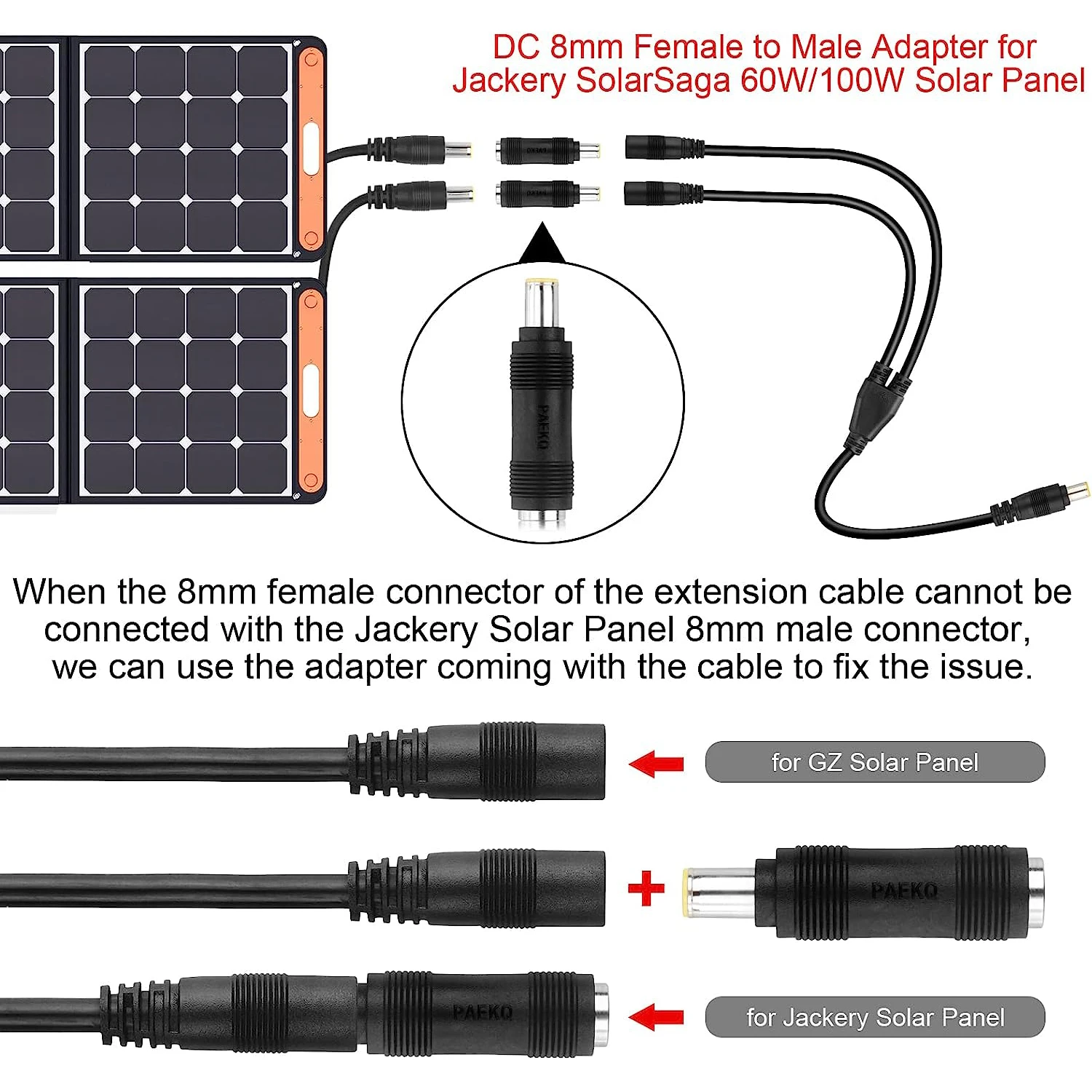Solar Adapter 8mm Splitter, DC8mm Female and Male Combiner Cable Y Splitter Adapter Cable for Solar Panel Portable Power Station