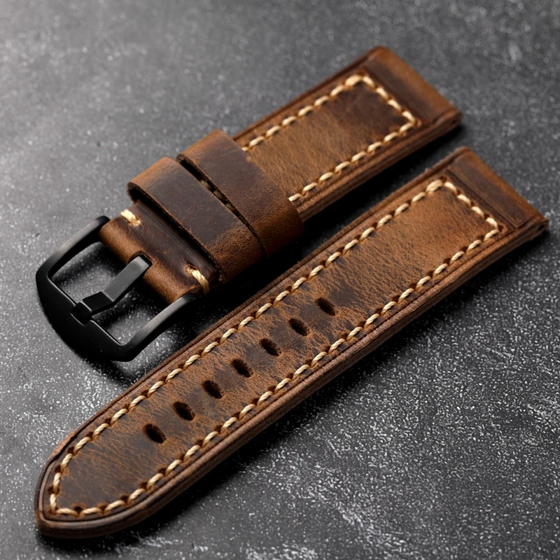 Correa de cuero Vintage para hombre, pulsera de reloj de bronce Adaptable, gruesa, piel de vaca de primera capa, 20 MM, 21 MM, 22 MM, 23 MM, 24MM